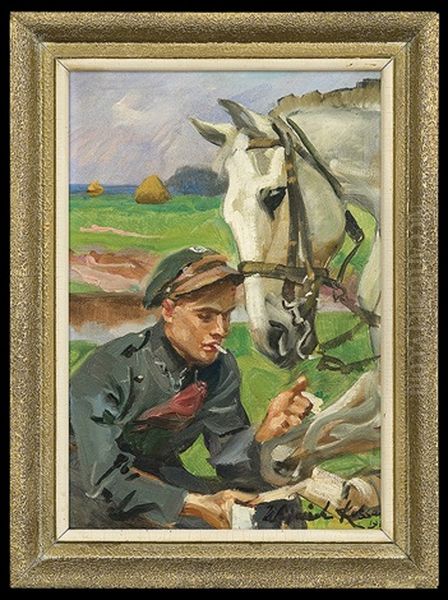 Uhlang Bandaging Horse Oil Painting by Woiciech (Aldabert) Ritter von Kossak