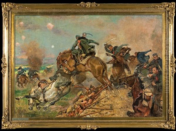 Polish Riders Fighting Russians Oil Painting by Woiciech (Aldabert) Ritter von Kossak