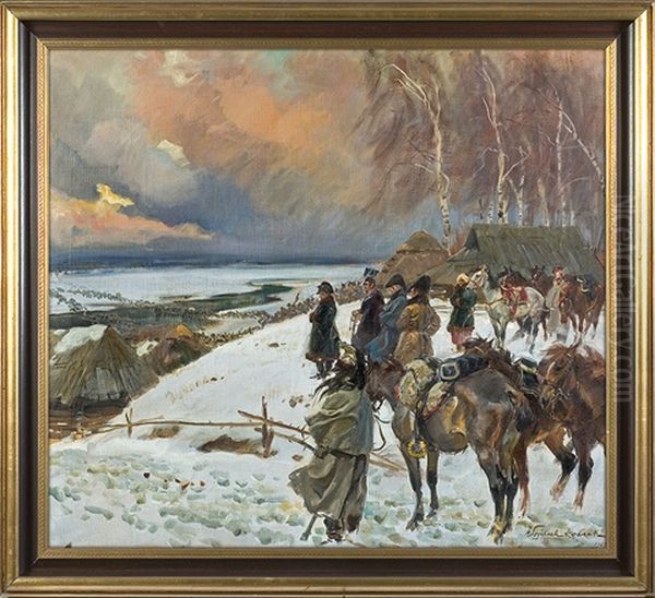 Napoleon Crossing Berezyna River Oil Painting by Woiciech (Aldabert) Ritter von Kossak