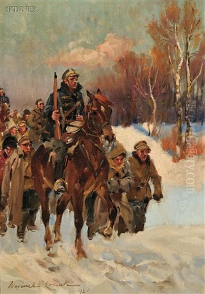 Reconnaissance (+ A Cold Winter March; 2 Works) Oil Painting by Woiciech (Aldabert) Ritter von Kossak