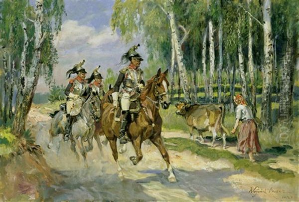 Ulanen Im Manover Oil Painting by Woiciech (Aldabert) Ritter von Kossak