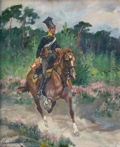 Ulan Na Koniu Oil Painting by Woiciech (Aldabert) Ritter von Kossak