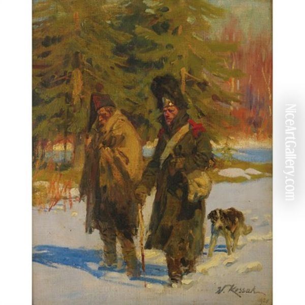 The French Old Guard Retreating From Russia Oil Painting by Woiciech (Aldabert) Ritter von Kossak