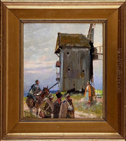 Spotkanie Przy Wiatraku (scena Z Wielkiej Wojny) Oil Painting by Woiciech (Aldabert) Ritter von Kossak