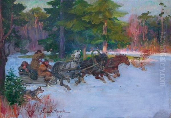 Chasse Au Loups Oil Painting by Woiciech (Aldabert) Ritter von Kossak