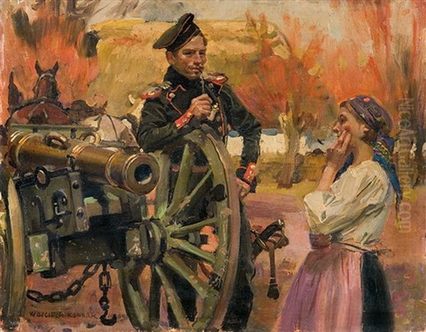 Gunner And A Girl Oil Painting by Woiciech (Aldabert) Ritter von Kossak