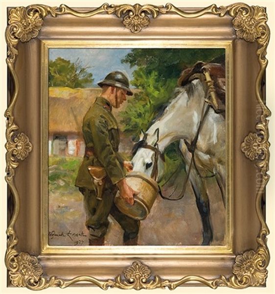 Soldier Watering The Horse Oil Painting by Woiciech (Aldabert) Ritter von Kossak