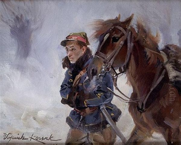 A Soldier And A Horse Oil Painting by Woiciech (Aldabert) Ritter von Kossak