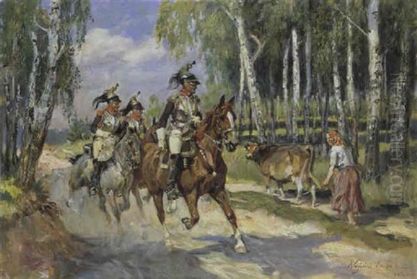 Ulanen Im Manover Oil Painting by Woiciech (Aldabert) Ritter von Kossak