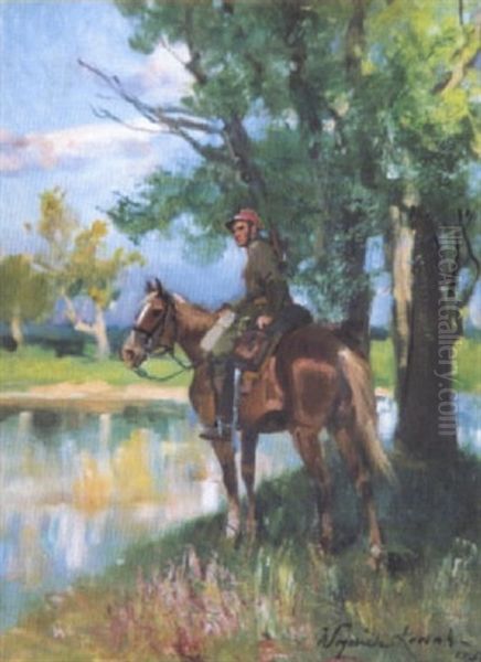 Soldat A Cheval Au Bord De Riviere Oil Painting by Woiciech (Aldabert) Ritter von Kossak