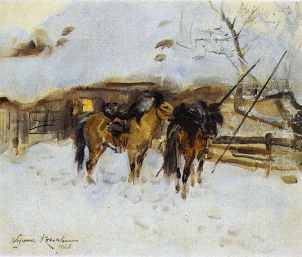 Two Horses In The Snow Oil Painting by Woiciech (Aldabert) Ritter von Kossak