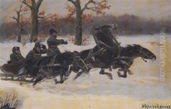 Untitled (napoleon And Officer Riding A Sleigh Through A Snowy Landscape) Oil Painting by Woiciech (Aldabert) Ritter von Kossak