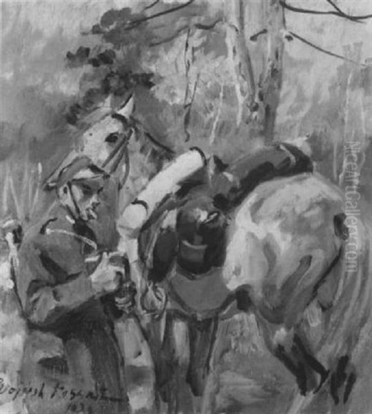 Soldier With His Horse Oil Painting by Woiciech (Aldabert) Ritter von Kossak