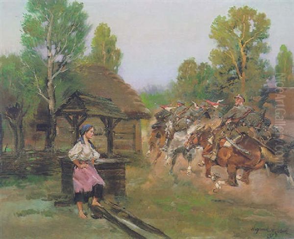 Cavalry Charging By Oil Painting by Woiciech (Aldabert) Ritter von Kossak