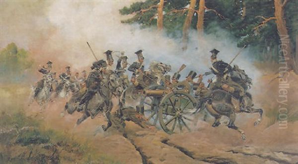 The Battle At Stoczek, Warsaw Oil Painting by Woiciech (Aldabert) Ritter von Kossak