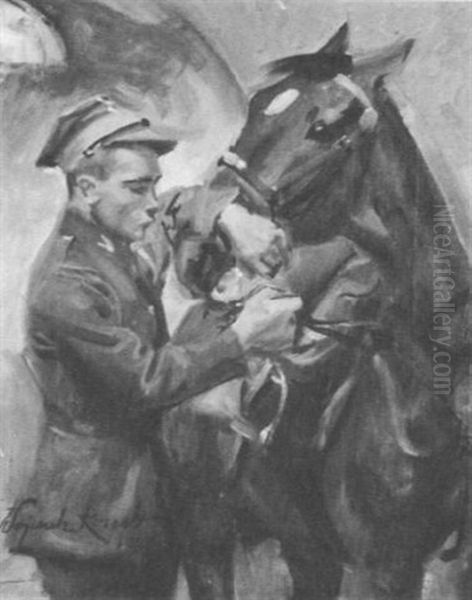 A Soldier And Horse Oil Painting by Woiciech (Aldabert) Ritter von Kossak