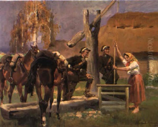 Resting At The Well Oil Painting by Woiciech (Aldabert) Ritter von Kossak