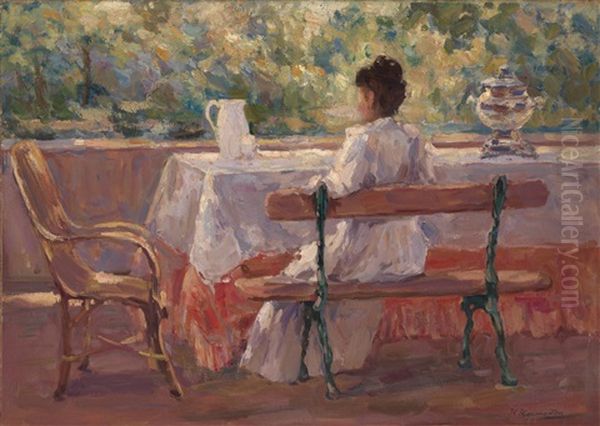 Tea On The Terrace Oil Painting by Kiriak Konstantinovich Kostandi