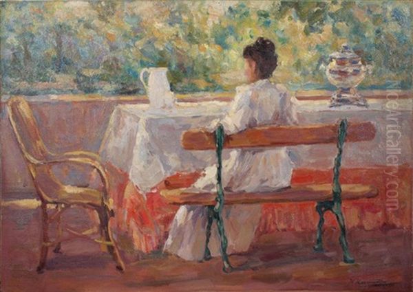 Lady With Samovar On The Terrasse Oil Painting by Kiriak Konstantinovich Kostandi