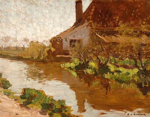 Farm On A Canal Oil Painting by Antonie Louis Koster