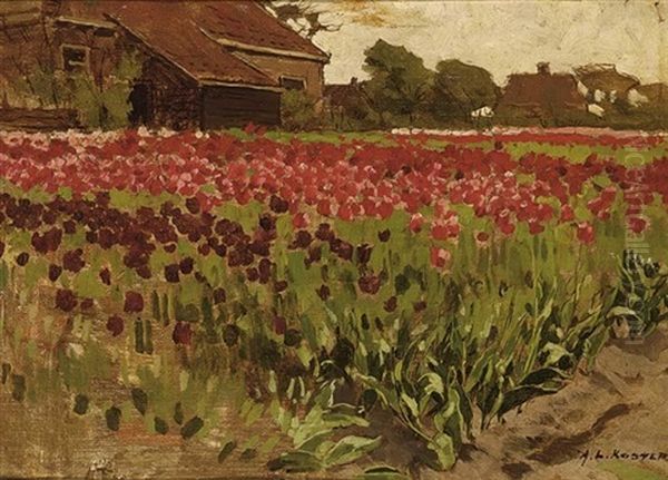 Paarsche En Roode Darwin Tulpen Oil Painting by Antonie Louis Koster