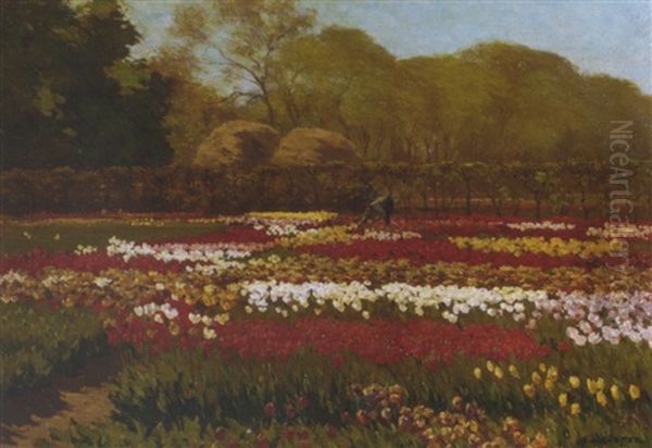 A Beautiful Day In A Tulip Field Oil Painting by Antonie Louis Koster