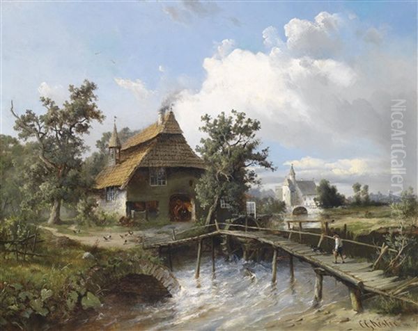 Schmiede Am Bach Oil Painting by Carl Georg Koester