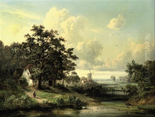 Figures In A Landscape With A Farmhouse And A Mill Oil Painting by Carl Georg Koester