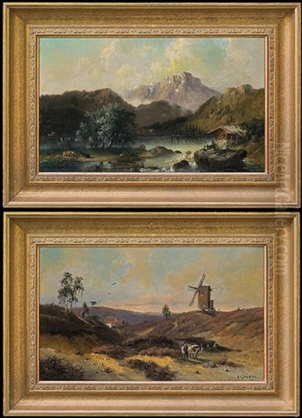 Mountain Lake (+ Windmill Landscape; 2 Works) Oil Painting by Carl Georg Koester