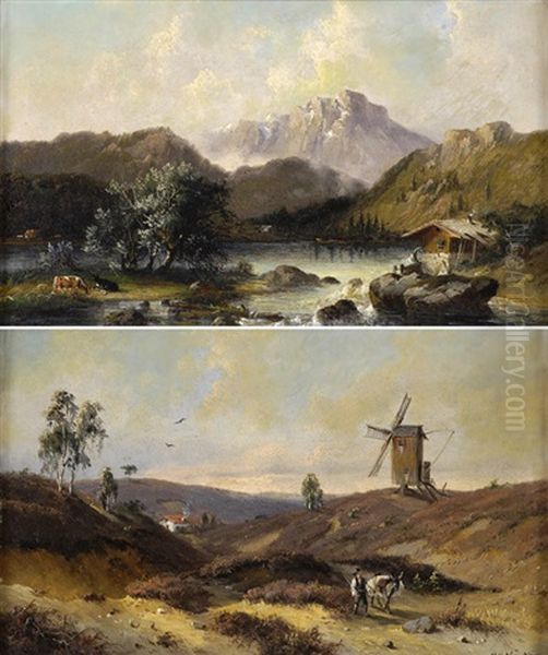 Weite Landschaft Mit Windmuhle (+ Alpine Seenlandschaft; 2 Works) Oil Painting by Carl Georg Koester