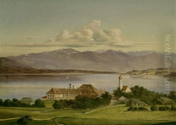 Schlos Tutzing Am Starnberger See Oil Painting by Carl Georg Koester