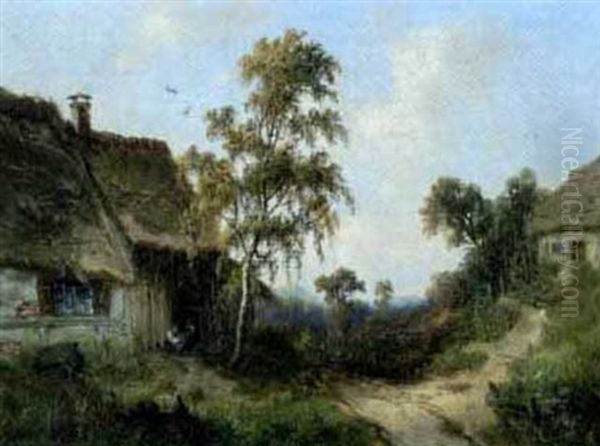 Reetgedecktes Gehoft Vor Sommerlicher Waldlandschaft Oil Painting by Carl Georg Koester