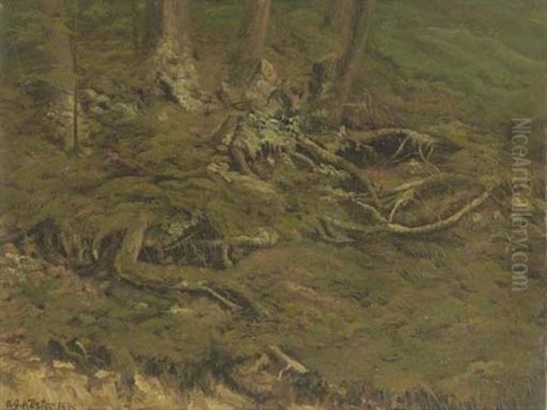 A Green Forest Oil Painting by Carl Georg Koester