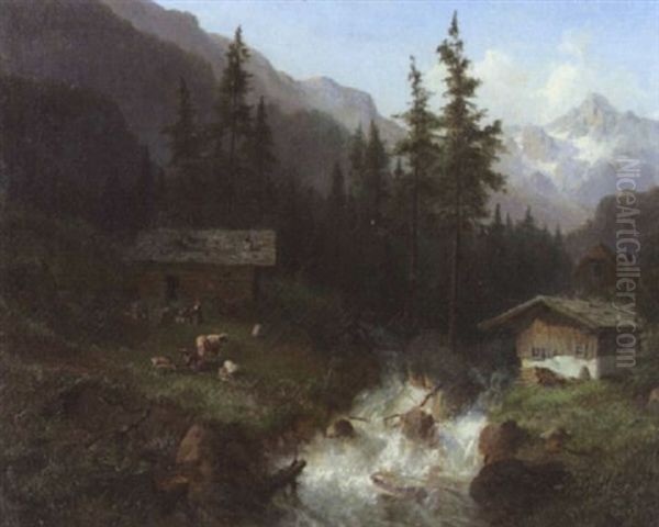 Alm Am Wildbach In Den Tiroler Alpen Oil Painting by Carl Georg Koester