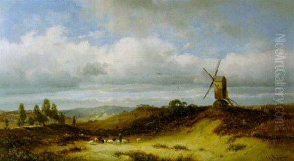 Hugelige Abendlandschaft Mit Windmuhle Und Schafherde Oil Painting by Carl Georg Koester