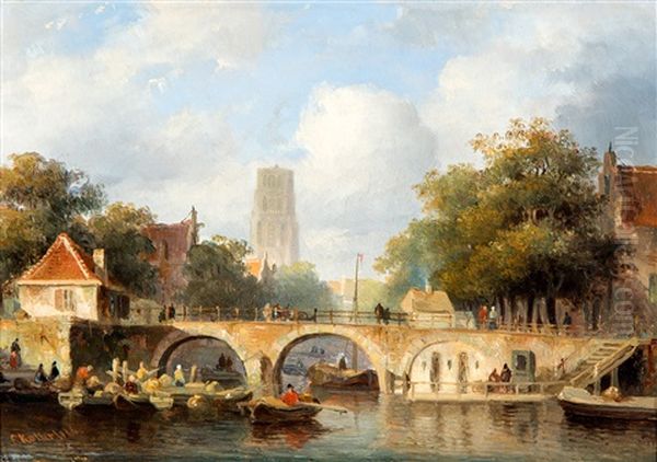 Hollands Stad Met Roeiboten Bij Een Brug Oil Painting by Everhardus Koster