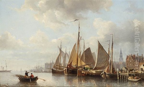 Moored Fishing Boats At The Antwerp Quays Oil Painting by Everhardus Koster