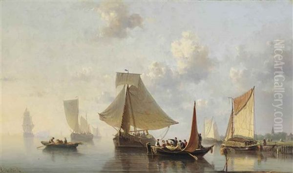 A Busy Day On A River Estuary Oil Painting by Everhardus Koster