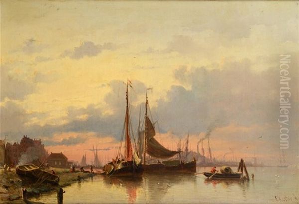 Bateaux A Quai, Hollande, Au Crepuscule Oil Painting by Everhardus Koster