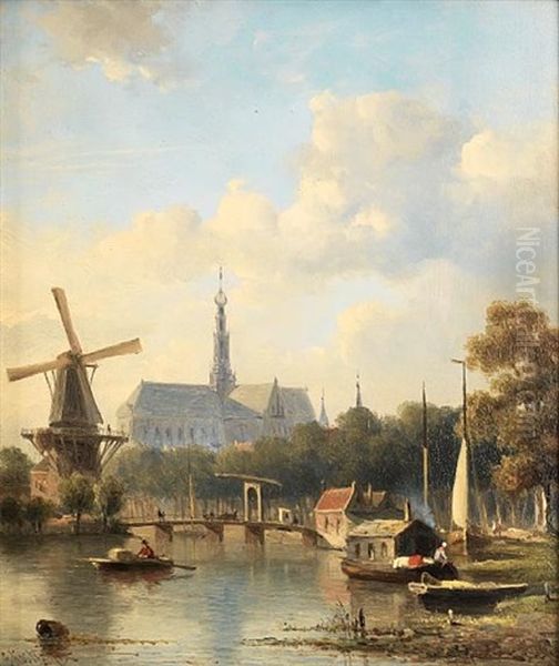 A View Of Haarlem With St. Bavo Cathedral From The River Oil Painting by Everhardus Koster