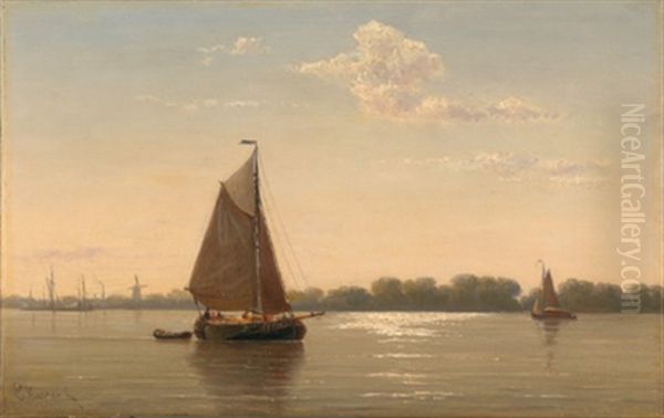 Flusslandschaft Mit Segelbooten Im Abendlicht Oil Painting by Everhardus Koster