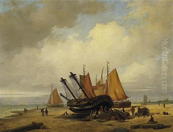 Aufliegende Segelboote An Hollandischer Kuste. Vorn Zahlreiche Fischer, Ihrem Tagewerk Nachgehend Oil Painting by Everhardus Koster