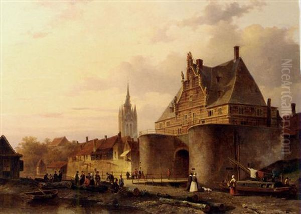 The Waterslootpoort At Delft At Sunset, With The Prinsehof In The Distance Oil Painting by Everhardus Koster