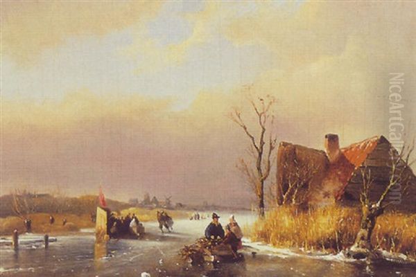 Figures In A Winter Landscape Oil Painting by Everhardus Koster