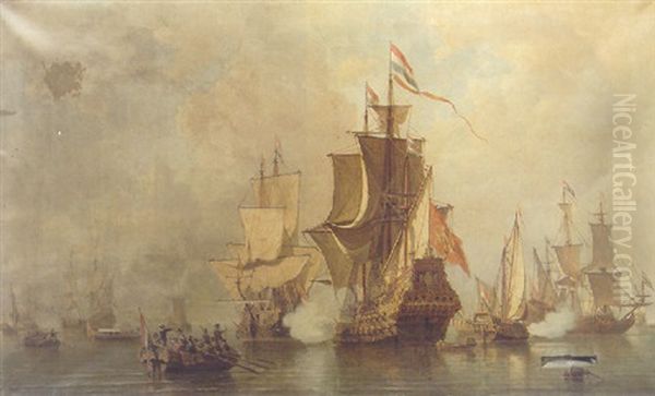 An Amsterdam Man-of-war Firing A Salute Across The Bows Of A Ferry Bringing Dignatories Oil Painting by Everhardus Koster