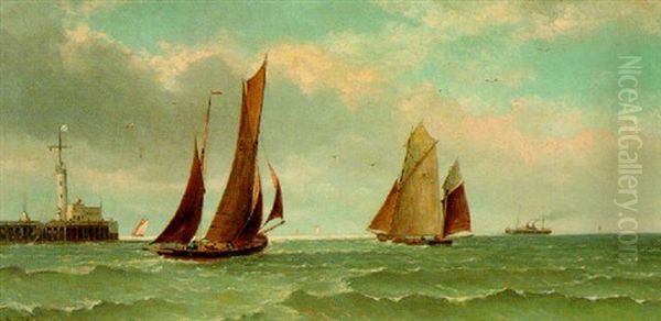 Sailboats And Ship Off Pier Oil Painting by Everhardus Koster