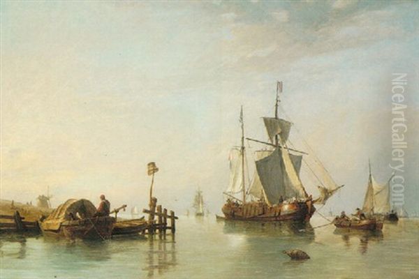 Ships And Boats Off Shore Oil Painting by Everhardus Koster