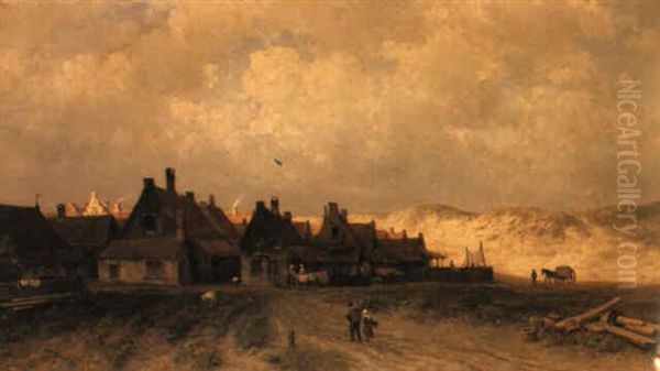 Countrytfolk Before A Dutch Village By The Dunes Oil Painting by Everhardus Koster