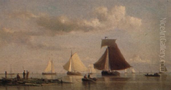 Boats Off The Dutch Coast Oil Painting by Everhardus Koster