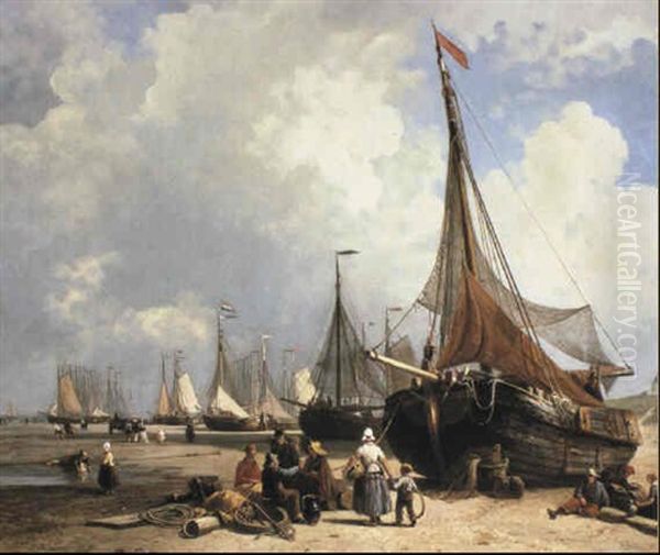 Fishermen And Boats In Scheveningen, Holland by Everhardus Koster